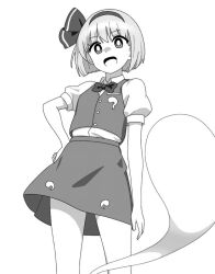 Rule 34 | 1girl, bow, bowtie, commentary, ghost, greyscale, hairband, konpaku youmu, konpaku youmu (ghost), looking at viewer, monochrome, onkn sxkn, open mouth, shirt, short hair, short sleeves, simple background, skirt, solo, touhou, vest