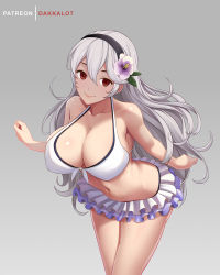 Rule 34 | 1girl, alternate breast size, artist name, bare arms, bare shoulders, bikini, black hairband, breasts, cleavage, closed mouth, collarbone, corrin (female) (fire emblem), corrin (female) (summer) (fire emblem), corrin (fire emblem), dakkalot, fire emblem, fire emblem fates, fire emblem heroes, flower, frilled bikini, frills, front-tie bikini top, front-tie top, hair between eyes, hair flower, hair ornament, hairband, halterneck, hibiscus, large breasts, layered bikini, leaf, leaning forward, long hair, looking at viewer, navel, nintendo, official alternate costume, purple flower, red eyes, ribbon, silver hair, smile, solo, stomach, swimsuit, thighs, very long hair, white bikini, white ribbon