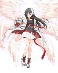 Rule 34 | 1girl, absurdres, angel, belt, black hair, breasts, collarbone, felutiahime, full body, grey background, grey jacket, highres, holding, holding sword, holding weapon, jacket, long hair, long sleeves, medium breasts, miniskirt, multiple wings, open clothes, open jacket, original, pleated skirt, red belt, shoes, simple background, skirt, solo, sword, two-sided fabric, two-sided jacket, weapon, white skirt, wings