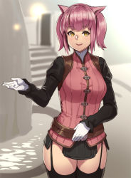 Rule 34 | 10s, 1girl, :d, animal ears, black thighhighs, final fantasy, final fantasy xiv, garter straps, gloves, houtengeki, miqo&#039;te, open mouth, parted lips, pink hair, smile, solo, thighhighs, warrior of light (ff14), white gloves, yellow eyes