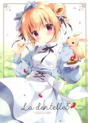 Rule 34 | 1girl, :t, absurdres, animal, animal on shoulder, apron, black ribbon, blue bow, blue dress, blurry, blurry background, blush, bow, breasts, rabbit, ciel (canvas+garden), closed mouth, cover, cover page, depth of field, dress, eating, fingernails, flower, food, fork, fruit, hair bow, hair flower, hair ornament, hair ribbon, hair rings, highres, holding, holding fork, holding saucer, long sleeves, looking at viewer, miyasaka miyu, nail polish, neck ribbon, original, pink nails, puffy long sleeves, puffy sleeves, ribbon, saucer, small breasts, solo, strawberry, two side up, waist apron, white apron, white flower