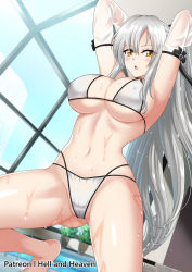 Rule 34 | 1girl, armpits, arms up, artist name, azur lane, bare legs, barefoot, bikini, blush, bow, breasts, cleavage, commentary, covered erect nipples, cowboy shot, day, detached sleeves, drake (azur lane), drake (the golden hind&#039;s respite) (azur lane), dutch angle, english commentary, from below, gluteal fold, groin, hair between eyes, hair bow, hellandheaven, highres, indoors, large breasts, long hair, looking at viewer, midriff, mixed-language commentary, navel, official alternate costume, open mouth, patreon username, plant, ponytail, pool, poolside, potted plant, rei no pool, see-through, see-through sleeves, silver hair, solo, straight hair, string bikini, swimsuit, thick thighs, thighs, underboob, wet, white bikini, window, yellow eyes