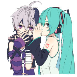 Rule 34 | 2girls, aqua eyes, aqua hair, aqua nails, aqua necktie, arm warmers, bandaged arm, bandages, bare shoulders, black sleeves, commentary, covering own mouth, detached sleeves, fingerless gloves, flower (vocaloid), flower (vocaloid4), from side, gloves, grey shirt, hair ornament, hands up, hatsune miku, headphones, long hair, looking at viewer, looking to the side, multicolored hair, multiple girls, nail polish, necktie, purple eyes, purple gloves, purple hair, purple nails, purple shirt, purple sleeves, purple vest, rsk (tbhono), shirt, short hair, shoulder tattoo, simple background, single arm warmer, sleeveless, sleeveless shirt, streaked hair, striped arm warmers, tattoo, twintails, upper body, very long hair, vest, vocaloid, whispering, white background