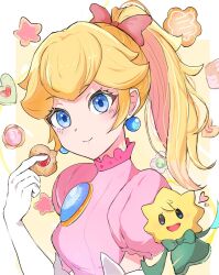 Rule 34 | 1girl, 1other, ayaka 00709, blonde hair, blue eyes, bow, brooch, cookie, dress, earrings, elbow gloves, food, gloves, hair bow, heart, highres, holding, holding food, jewelry, light smile, mario (series), medium hair, nintendo, official alternate hairstyle, open mouth, pink bow, pink dress, ponytail, princess peach, princess peach: showtime!, puffy short sleeves, puffy sleeves, short sleeves, sphere earrings, stella (peach), upper body, white gloves