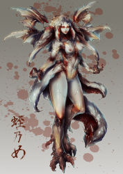 Rule 34 | 1girl, blood, blood splatter, breasts, claws, colored skin, commentary request, full body, gradient background, grey background, grey skin, grey tail, grey wings, highres, hikimayu, long hair, looking at viewer, mabo9317, medium breasts, monster girl, nipples, original, parted bangs, red eyes, red lips, sidelocks, solo, spikes, tail, tentacle hair, translation request, wings