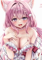 Rule 34 | 1girl, animal ears, breasts, cleavage, hakui koyori, hololive, looking at viewer, mikazuki cocolo, open mouth, pink hair, purple eyes, smile, solo, virtual youtuber