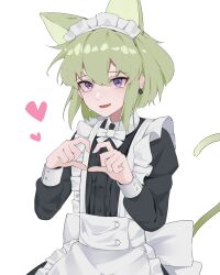 Rule 34 | 1boy, absurdres, alternate costume, animal ears, apron, axescr, back bow, black dress, bow, bowtie, cat boy, cat ears, cat tail, commentary, crossdressing, crying, crying with eyes open, dress, earrings, english commentary, fang, green hair, heart, heart hands, highres, jewelry, lio fotia, long sleeves, looking at viewer, maid, maid apron, maid headdress, male focus, open mouth, promare, purple eyes, short hair, simple background, skin fang, solo, standing, tail, tears, trap, white background, white bow, white bowtie
