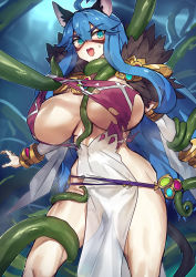 Rule 34 | 1girl, ahoge, alternate breast size, animal ears, blue eyes, blue hair, blush, breasts, cat ears, cat girl, cat tail, commentary request, commission, detached sleeves, dress, eye mask, feet out of frame, fur collar, goinkyo, hair between eyes, highres, huge breasts, long hair, melon22, no panties, open mouth, pelvic curtain, ragnarok online, skeb commission, sleeveless, sleeveless dress, solo, sorcerer (ragnarok online), tail, tentacles, torn clothes, torn dress, white dress, white sleeves
