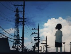 Rule 34 | 1girl, bad id, bad pixiv id, black hair, black skirt, blouse, blue sky, blurry, cloud, day, from behind, highres, letterboxed, machiyaa, original, outdoors, power lines, scenery, school uniform, shirt, short hair, skirt, sky, solo, standing, transformer, utility pole, white shirt, wind