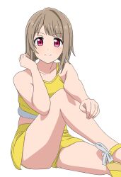 Rule 34 | 1girl, arm on knee, collarbone, commentary, dot nose, hand up, highres, kousuke0912, legs, light blush, light brown hair, looking at viewer, love live!, love live! nijigasaki high school idol club, nakasu kasumi, on floor, pink eyes, sandals, shirt, short hair, short shorts, shorts, sitting, smile, solo, tank top, thighs, v-shaped eyebrows, white background, yellow footwear, yellow shirt, yellow shorts