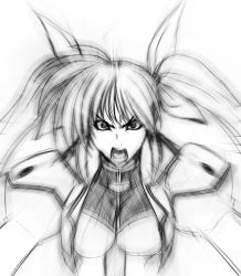 Rule 34 | 00s, 1girl, angry, greyscale, hagane soushi, hair ribbon, jacket, lyrical nanoha, magical girl, mahou shoujo lyrical nanoha, mahou shoujo lyrical nanoha strikers, monochrome, open clothes, open jacket, ribbon, sketch, solo, takamachi nanoha, takamachi nanoha (exceed mode), twintails, white devil