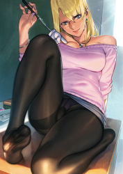 Rule 34 | 1girl, azusa (hws), bare shoulders, black panties, black pantyhose, blonde hair, blue eyes, blue shirt, breasts, closed mouth, collarbone, dated, earrings, feet, glasses, head tilt, highres, holding, jewelry, knee up, large breasts, long hair, looking at viewer, nail polish, necklace, no shoes, off shoulder, original, panties, pantyhose, pink-framed eyewear, pink nails, pink sweater, pointer, scan, semi-rimless eyewear, shirt, signature, sitting, smile, soles, solo, sweater, underwear