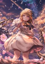Rule 34 | 1girl, blonde hair, blue sailor collar, bouquet, cloud, dress, evening, flower, hat, highres, holding, holding bouquet, jervis (kancolle), kantai collection, outdoors, purple eyes, sabakuomoto, sailor collar, sailor dress, sailor hat, smile, solo, standing, wading, white dress, white flower, white hat