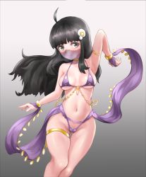 Rule 34 | 1girl, ahoge, alternate costume, araragi tsukihi, artoise, bikini, black hair, breasts, closed mouth, commentary, egg (food), english commentary, food, food-themed hair ornament, fried egg, gradient background, hair ornament, highres, long hair, looking at viewer, monogatari (series), mouth veil, simple background, smile, solo, swimsuit, veil