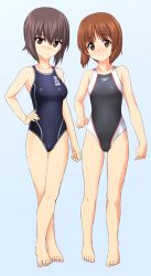 Rule 34 | 10s, 2girls, absurdres, bad id, bad pixiv id, barefoot, black eyes, black hair, black one-piece swimsuit, blue background, blue one-piece swimsuit, bob cut, breasts, brown eyes, brown hair, clothes writing, collarbone, competition swimsuit, crossed legs, feet, full body, girls und panzer, hair between eyes, hand on own hip, highres, logo, looking at viewer, multicolored clothes, multicolored swimsuit, multiple girls, nishizumi maho, nishizumi miho, one-piece swimsuit, short hair, siblings, simple background, sisters, speedo (company), standing, swimsuit, swimsuit writing, takafumi, toes, aged down