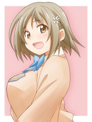 Rule 34 | 1girl, blue bow, border, bow, bowtie, breasts, brown cardigan, brown hair, cardigan, flower, from side, hair flower, hair ornament, halftone, halftone background, idolmaster, idolmaster cinderella girls, kureshikure, large breasts, looking at viewer, looking to the side, mimura kanako, open mouth, pink background, short hair, solo, upper body, white border