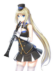 Rule 34 | 1girl, :/, alternate hair color, band uniform, bare shoulders, black hat, black jacket, black skirt, blonde hair, blue eyes, breasts, buttons, clarinet, cleavage cutout, closed mouth, closers, clothing cutout, collared jacket, cowboy shot, double-breasted, fold-over gloves, gloves, hands up, hat, highres, holding, holding instrument, impossible clothes, impossible jacket, instrument, jacket, legs apart, long hair, looking at viewer, looking to the side, marching band, medium breasts, mini shako cap, miniskirt, necktie, official art, parted bangs, pleated skirt, ponytail, shako cap, sidelocks, skirt, sleeveless, sleeveless jacket, solo, standing, thighhighs, uniform, very long hair, violet (closers), white background, white gloves, white necktie, white thighhighs, wing collar, zettai ryouiki