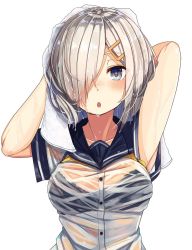 Rule 34 | 10s, 1girl, armpit peek, arms up, black bra, blush, bra, bra visible through clothes, breasts, bright pupils, grey eyes, hair ornament, hair over one eye, hairclip, hamakaze (kancolle), kantai collection, looking at viewer, medium breasts, nose blush, open mouth, plan (planhaplalan), sailor collar, sailor shirt, see-through, shirt, short hair, silver hair, simple background, solo, towel, towel on head, underwear, upper body, wet, wet hair, white background, white pupils