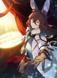 Rule 34 | 1boy, animal ears, brown gloves, brown hair, coat, crossed bangs, curtains, dated, dragalia lost, dragalinuka, glasses, gloves, hair between eyes, halloween costume, happy halloween, highres, lab coat, long hair, long sleeves, looking at viewer, male focus, necktie, official alternate costume, open clothes, open coat, outstretched hand, pants, rabbit ears, smile, solo, spotlight, stethoscope, sylas (dragalia lost), white coat, yellow eyes