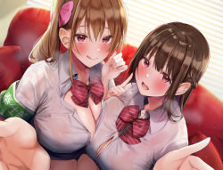 Rule 34 | 2girls, absurdres, window blinds, bow, breast press, breasts, brown hair, cleavage, closed mouth, collared shirt, couch, hair between eyes, hair bow, highres, indoors, large breasts, licking, long hair, multiple girls, no bra, non-web source, open clothes, open mouth, open shirt, original, red eyes, rouka (akatyann), school uniform, see-through, shirt, sidelocks, sitting, smile, teeth, upper teeth only, wet, wet clothes, white shirt, window
