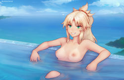 Rule 34 | 1girl, arm rest, armpits, beach, blonde hair, blue sky, blurry, boat, breasts, breasts apart, collarbone, day, depth of field, fate/grand order, fate (series), green eyes, island, looking at viewer, medium breasts, mordred (fate), mordred (fate) (all), mordred (fate/apocrypha), mordred (swimsuit rider) (fate), nipples, nude, ocean, partially submerged, ponytail, pool, sitting, sky, smile, solo, tan, tanline, unsomnus, upper body, water, watercraft