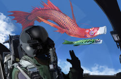 Rule 34 | 1other, above clouds, aircraft, airplane, airplane interior, blue sky, cloud, cloudy sky, day, doitsuken, fighter jet, fish, flying, flying fish, gloves, green jacket, hand up, jacket, jet, koinobori, military, military vehicle, original, pilot, pilot helmet, sky, windsock