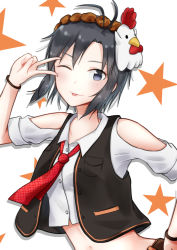 Rule 34 | 1girl, ;p, antenna hair, bird hair ornament, black hair, blue eyes, bracelet, brown hairband, clothing cutout, collarbone, collared shirt, crop top, dress shirt, hair ornament, hairband, hand on own hip, highres, idolmaster, idolmaster (classic), jewelry, kikuchi makoto, looking at viewer, midriff, mogskg, navel, necktie, one eye closed, red necktie, shirt, short hair, short sleeves, shoulder cutout, solo, star (symbol), starry background, stomach, tongue, tongue out, upper body, v over eye, white background, white shirt, wing collar