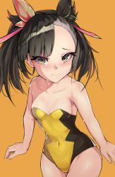 Rule 34 | 1girl, absurdres, alternate costume, aqua eyes, asymmetrical bangs, asymmetrical hair, bare arms, bare shoulders, black hair, blush, breasts, commentary request, cosplay, creatures (company), game freak, gen 8 pokemon, hair ribbon, has bad revision, has downscaled revision, highres, looking at viewer, marnie (pokemon), md5 mismatch, morpeko, morpeko (cosplay), morpeko (full), navel, nintendo, pokemon, pokemon swsh, red ribbon, resolution mismatch, ribbon, simple background, small breasts, solo, source smaller, tears, twintails, wht innov, yellow background
