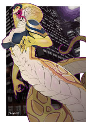 Rule 34 | 1girl, armor, border, breasts, building, city, claws, colored skin, fangs, female focus, forked tongue, furry, furry female, highres, lamia, large breasts, monster girl, night, nipples, open mouth, outside border, red eyes, semiotto, shoulder armor, signature, skyscraper, slit pupils, snake girl, solo, strapless, tongue, viper (xcom), white border, x-com, yellow skin