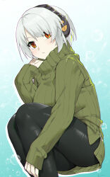Rule 34 | 1girl, absurdres, anby demara, aqua background, black pants, breasts, casual, dress, feet out of frame, gradient background, green dress, green sweater, grey hair, headphones, highres, large breasts, linreplica, long sleeves, looking at viewer, pants, parted lips, red eyes, short hair, sitting, sleeves past wrists, solo, sweater, sweater dress, tight clothes, tight pants, turtleneck, turtleneck sweater, white background, zenless zone zero