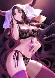 Rule 34 | 1girl, absurdres, bare shoulders, bra, breasts, brown hair, chest tattoo, choker, cleavage, facial mark, fate/extra, fate/extra ccc, fate/grand order, fate (series), fingernails, forehead mark, gradient background, habit, hand on own cheek, hand on own face, highres, horns, large breasts, lingerie, long hair, looking at viewer, mashuu (neko no oyashiro), panties, parted bangs, parted lips, pink thighhighs, scan, sessyoin kiara, side-tie panties, simple background, solo, tattoo, thighhighs, thighs, underwear, underwear only, yellow eyes