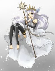 Rule 34 | 10s, 1girl, :d, bad id, bad twitter id, bare shoulders, barefoot, black thighhighs, blue eyes, blue flower, blue rose, bridal gauntlets, crystal, dress, flower, gradient background, granblue fantasy, hair ornament, halterneck, holding, holding staff, lily (granblue fantasy), long hair, open mouth, pointy ears, rose, smile, snowflakes, solo, staff, teeth, thighhighs, tiara, toeless legwear, toes, white dress, white hair, yakota, zettai ryouiki