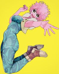 Rule 34 | 1girl, :d, absurdres, armpits, ashido mina, bare arms, black sclera, bodysuit, boku no hero academia, breasts, buttons, collarbone, colored sclera, colored skin, eyebrows visible through mask, fingernails, from side, full body, fur trim, hands up, highres, horns, kobaji, looking at viewer, looking to the side, mask, medium breasts, nail polish, open clothes, open mouth, open vest, orange eyes, outstretched arm, outstretched hand, pink hair, pink skin, shoes, short hair, simple background, skin tight, smile, solo, spread fingers, unbuttoned, v-shaped eyebrows, vest, yellow background