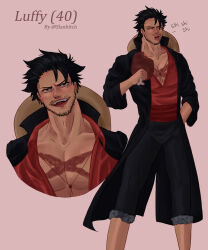 Rule 34 | 1boy, absurdres, aged up, artist name, black hair, blush, boned meat, character name, closed eyes, coat, coat on shoulders, eating, facial hair, facial scar, food, hat, unworn hat, unworn headwear, highres, holding, holding food, male focus, meat, monkey d. luffy, one piece, open clothes, open mouth, red shirt, scar, scar on cheek, scar on chest, scar on face, shirt, short hair, slanbitch, smile, solo, straw hat