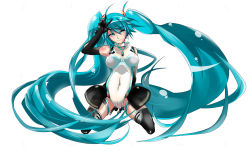 Rule 34 | 1girl, aqua hair, breasts, covered erect nipples, covered navel, elbow gloves, gloves, green eyes, hatsune miku, highres, kneeling, kurosawa, large breasts, leotard, long hair, race queen, racing miku, racing miku (2011), see-through, simple background, smile, solo, thighhighs, twintails, very long hair, vocaloid, white background