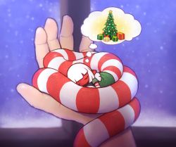 Rule 34 | 1boy, 1girl, christmas, christmas tree, colored skin, highres, holding person, krocodilian, lamia, mini person, minigirl, monster girl, multicolored skin, original, peppermint (krocodilian), pointy ears, red skin, sleeping, snow, thought bubble, white hair, white skin, window