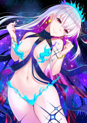 Rule 34 | 1girl, bare shoulders, blue fire, blue hair, blush, body markings, bracelet, breasts, earrings, fate/grand order, fate (series), fire, flower, hair flower, hair ornament, hair ribbon, jewelry, kama (fate), kama (swimsuit avenger) (fate), kama (swimsuit avenger) (third ascension) (fate), large breasts, long hair, looking at viewer, lotus, mizunashi hayate, multicolored hair, nail polish, navel, red eyes, revealing clothes, ribbon, silver hair, smile, solo, space, star (sky), star (symbol), star earrings, thighs, two-tone hair