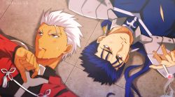Rule 34 | 2boys, akujiki59, archer (fate), artist name, blood, blood on face, blue hair, cigarette, commentary request, cu chulainn (fate), cu chulainn (fate/stay night), dark-skinned male, dark skin, fate (series), from above, hand up, holding, holding cigarette, looking to the side, lying, male focus, multiple boys, on back, parted lips, red eyes, ribbon, short hair, shoulder plates, smoking, spiked hair, watermark, white hair, white ribbon