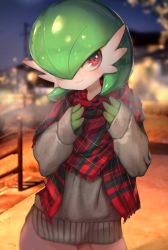 Rule 34 | 1girl, alternate costume, blurry, blurry background, blush, city lights, clothed pokemon, colored skin, creatures (company), depth of field, flat chest, game freak, gardevoir, gen 3 pokemon, green hair, hair over one eye, happy, highres, kashu (hizake), long sleeves, looking at viewer, night, night sky, nintendo, outdoors, pavement, pink skirt, plaid, plaid scarf, pokemon, pokemon (creature), red eyes, scarf, short hair, skirt, sky, smile, solo, sweater, white skin, winter clothes