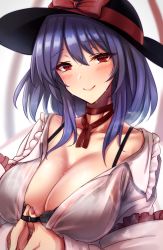 Rule 34 | 1girl, akehi yuki, black bra, black hat, blurry, blurry background, bow, bra, breasts, cleavage, closed mouth, commentary request, frills, hat, hat bow, large breasts, long sleeves, looking at viewer, medium hair, nagae iku, nail polish, neck ribbon, purple hair, red bow, red eyes, red nails, red ribbon, ribbon, see-through, shawl, shirt, smile, solo, sweat, touhou, underwear, upper body, white shirt