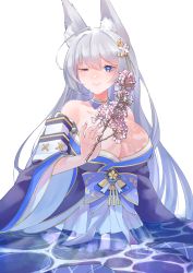 Rule 34 | 1girl, animal ear fluff, azur lane, blue eyes, blush, branch, breasts, cleavage, detached collar, grey hair, hair between eyes, highres, holding, holding branch, japanese clothes, kimono, large breasts, long hair, off shoulder, one eye closed, purple kimono, shinano (azur lane), simple background, solo, take yaki, very long hair, wading, water, wet, wet clothes, white background, wide sleeves
