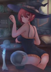 Rule 34 | 1girl, ass, back, bare shoulders, blush, breasts, candle, cauldron, crystal ball, dada, dark, from behind, halloween, hat, highres, huge ass, large breasts, leotard, lizard, looking at viewer, original, pointy ears, red eyes, red hair, short hair, sideboob, smile, solo, thong, thong leotard, witch, witch hat