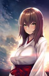 Rule 34 | 1girl, blue sky, breasts, brown hair, cloud, commentary request, hair between eyes, highres, horizon, japanese clothes, kimono, large breasts, long hair, looking at viewer, miko, new year, original, sash, sky, smile, sunset, takanashi-a, wide sleeves, yellow eyes