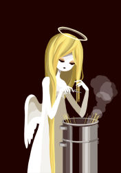 Rule 34 | 1girl, angel, angel wings, blonde hair, brown background, cooking, cutting hair, cutting own hair, food, halo, long hair, maroon background, no lineart, nona drops, noodles, original, pasta, pot, pun, robe, scissors, simple background, solo, spaghetti, steam, surreal, very long hair, white wings, wings