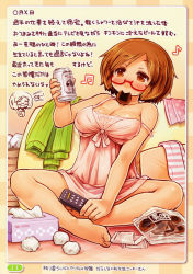 Rule 34 | absurdres, alcohol, beer, blush, breasts, cleavage, food in mouth, glasses, highres, large breasts, lingerie, nikki (swapnote), nintendo, shigatake, swapnote, tissue, tissue box, translation request, underwear, used tissue