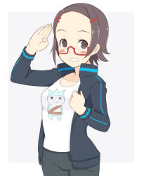 Rule 34 | 00s, 1girl, ace attorney, ace attorney investigations, blush, brown eyes, brown hair, capcom, forehead, glasses, hair ornament, hairclip, k-on!, maggey byrde, oza watto, salute, short hair, simple background, solo