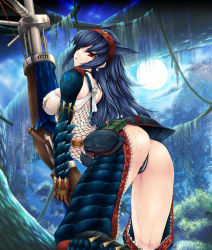Rule 34 | 1girl, arched back, ass, bent over, bikini, breasts, capcom, fishnets, forest, full moon, headband, huge weapon, kizuki aruchu, large breasts, long hair, looking back, monster hunter (series), moon, nargacuga (armor), nature, open mouth, outdoors, solo, swimsuit, thong bikini, weapon