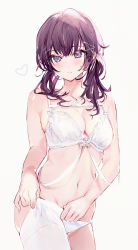 Rule 34 | 1girl, blush, bra, breasts, cleavage, collarbone, commentary, cowboy shot, eyes visible through hair, heart, highres, large breasts, long hair, looking at viewer, mole, mole on neck, navel, original, panties, parted lips, purple hair, shia job, single thighhigh, smile, solo, standing, stomach, symbol-only commentary, thighhighs, underwear, underwear only, white background, white bra, white panties, white thighhighs