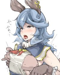 Rule 34 | 10s, 1girl, animal ears, blue hair, blush, breasts, brown eyes, brown gloves, covered erect nipples, earrings, erune, ferry (granblue fantasy), gloves, grabbing, grabbing another&#039;s breast, grabbing from behind, granblue fantasy, groping, jewelry, long hair, medium breasts, nipple stimulation, nipple tweak, open mouth, orgasm, p (tidoriashi), rabbit ears, saliva, simple background, solo, solo focus, sweat, tears, teeth, tongue, tongue out, torogao, white background