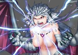 Rule 34 | 1girl, angry, animal ears, breasts, breath weapon, breathing lightning, claws, dragon girl, electricity, energy ball, fangs, fins, gem, grey background, head fins, headpiece, large breasts, long hair, maritan (pixelmaritan), navel, nipples, nude, open mouth, original, powering up, red eyes, scales, silver hair, simple background, solo, spread wings, standing, upper body, v-shaped eyebrows, very long hair, wide-eyed, wings